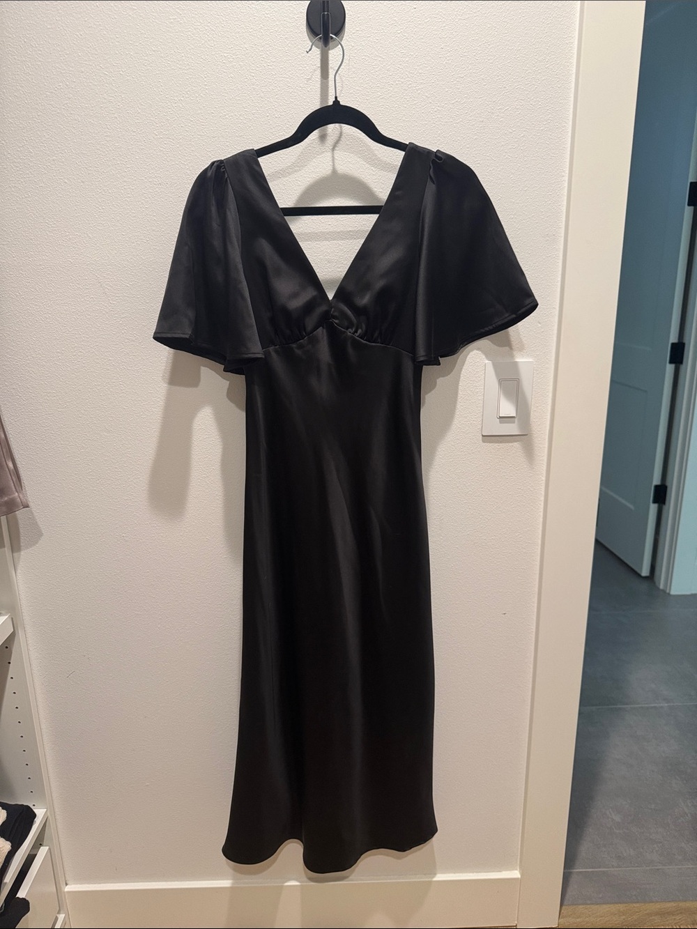 Petal & Pup Black Satin V-Neck Midi Dress with Flutter Sleeves